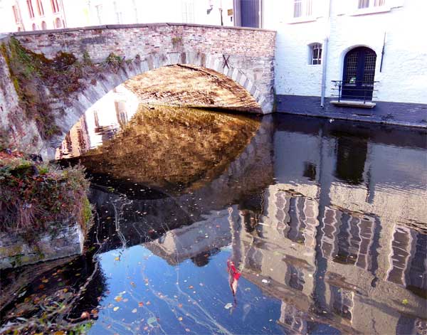 Arched Bridge Canal Reflection, Bruges
